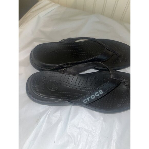 CROCS Black Leather rubber Thong Sandals Size 9 - Picture 4 of 11